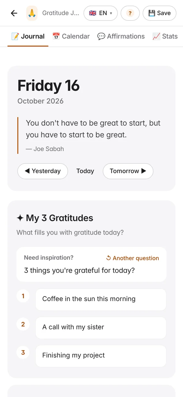 The Gratitude Journal on a phone with three gratitudes written for today