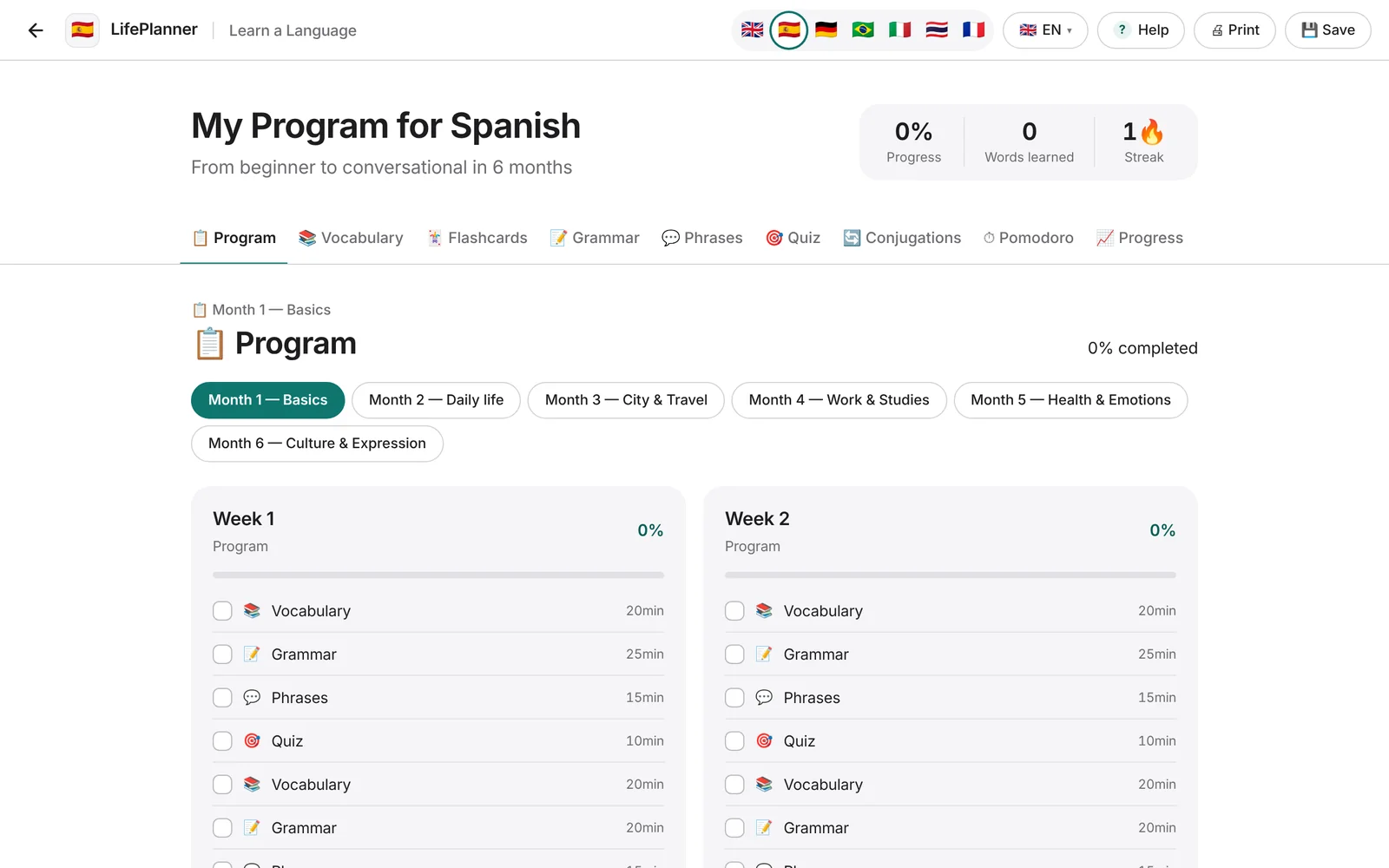 Learn a Language showing a six-month Spanish program with weekly lessons