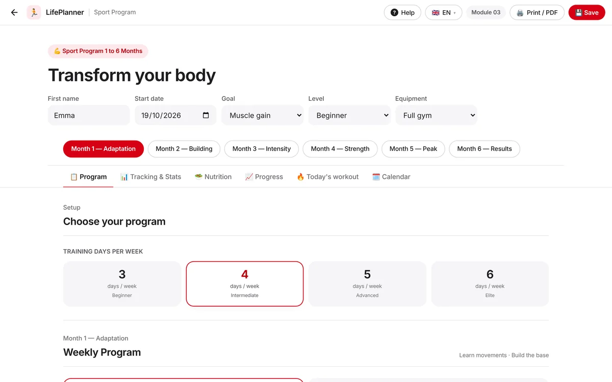 The Sport Program setup with four training days per week selected