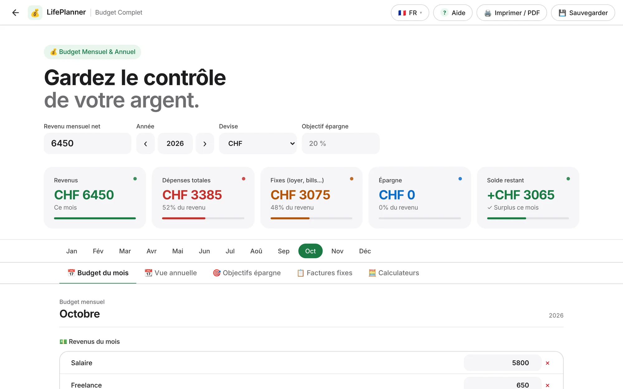 L’outil Budget complet avec 6450 CHF de revenus, 3385 CHF de dépenses et un solde de 3065 CHF pour octobre