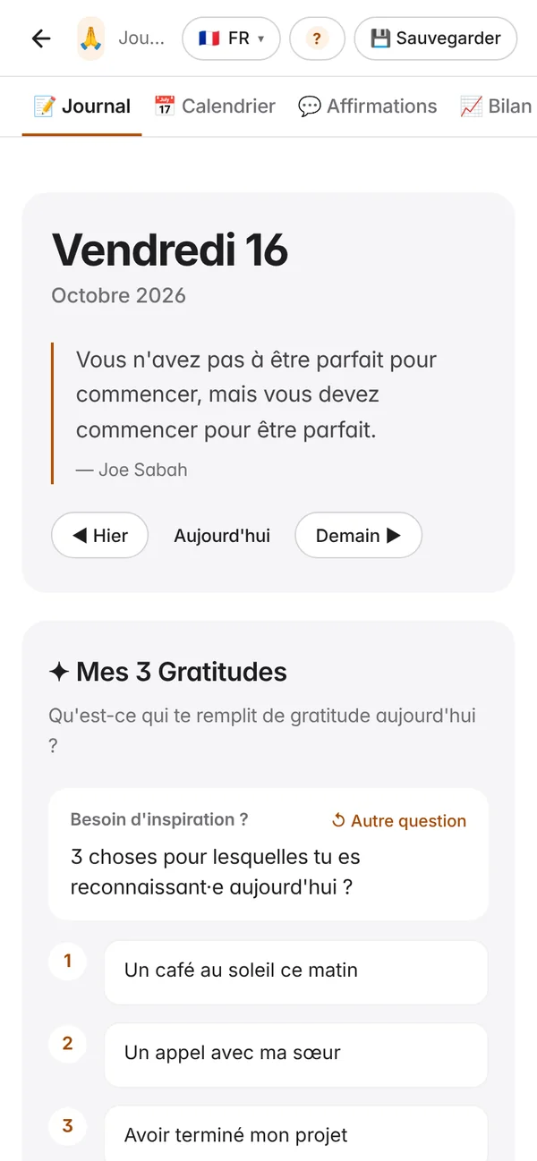 Le Journal de gratitude sur un téléphone, avec trois gratitudes écrites pour aujourd’hui