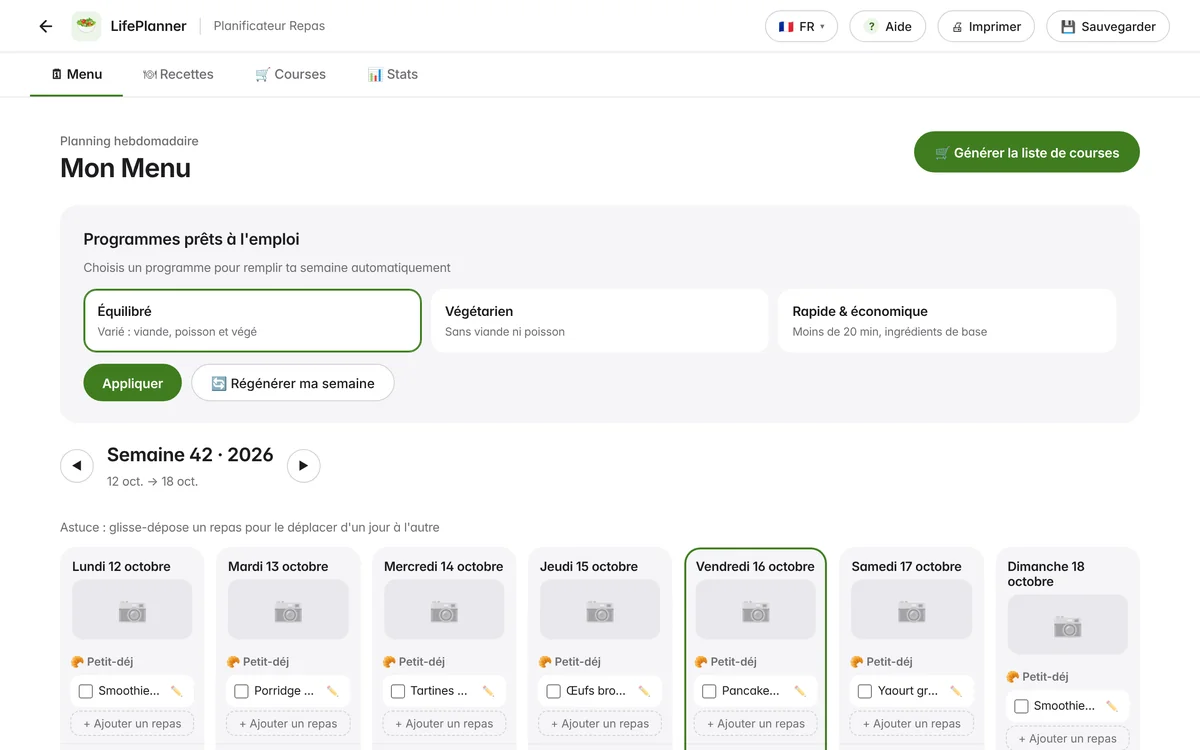 Le Planificateur de repas avec une semaine équilibrée de petits-déjeuners, déjeuners et dîners