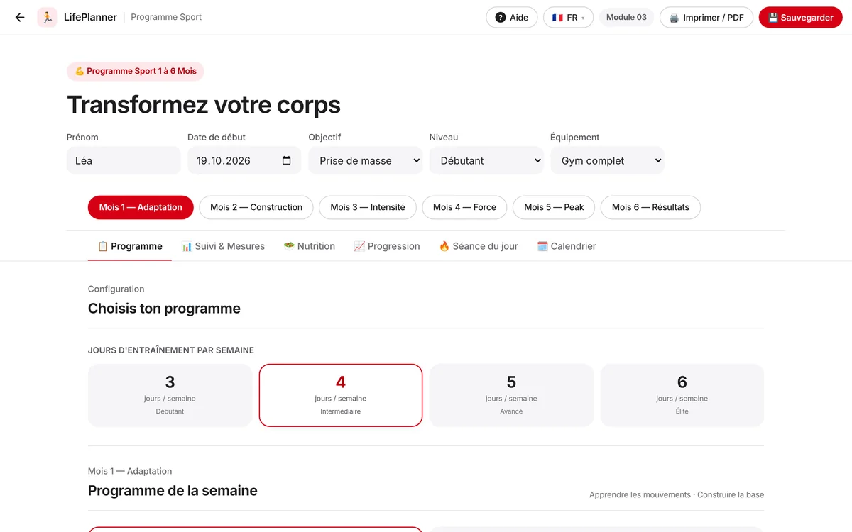 La configuration du Programme sport avec quatre jours d’entraînement par semaine
