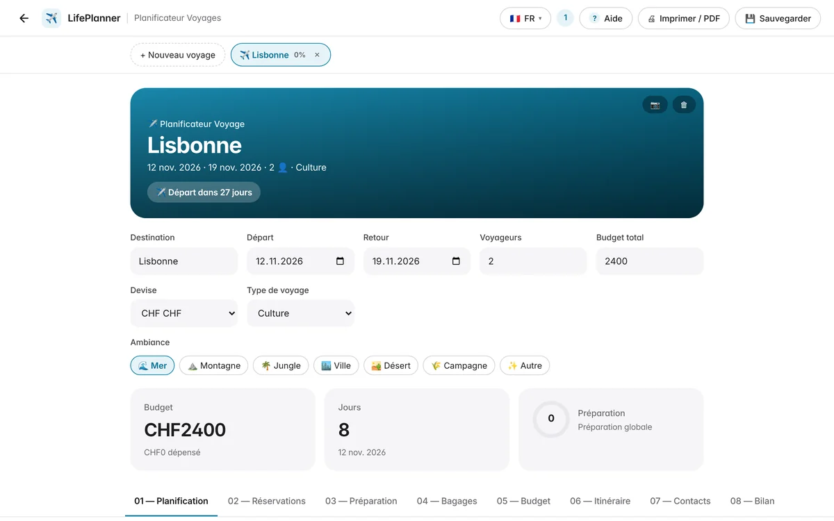 Le Planificateur de voyages avec un séjour à Lisbonne pour deux, budget 2400 CHF