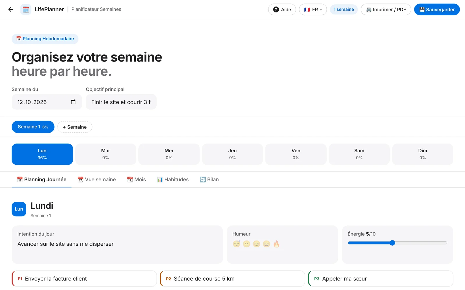 Le Planificateur de la semaine avec un objectif, l’intention du jour et trois priorités remplies